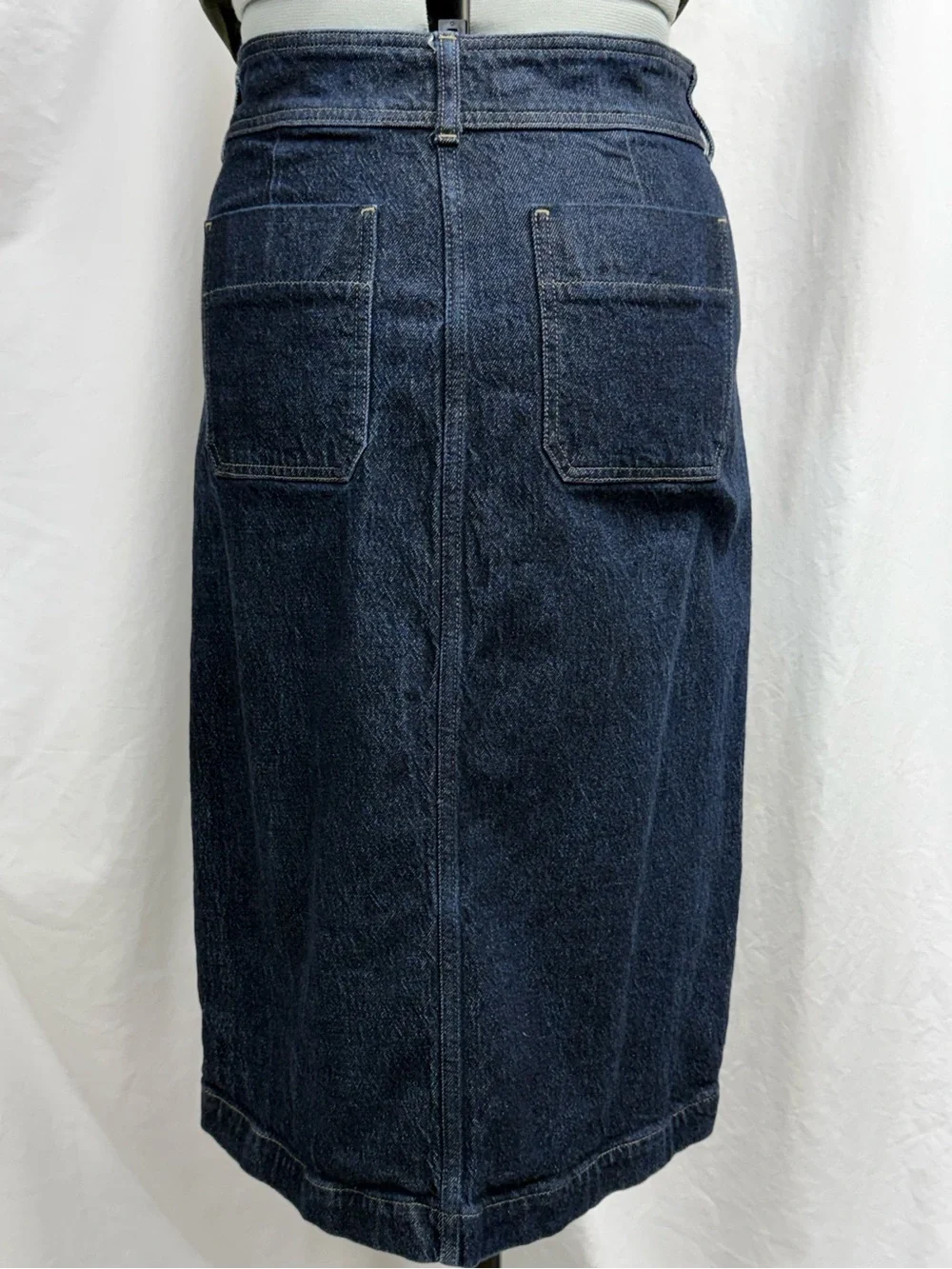 Dark Blue Denim Midi Skirt with Front Pockets